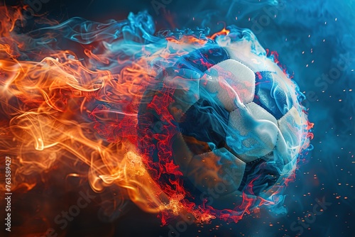 Flying football or soccer ball on fire. An impressive soccer ball in red and blue smoke and flames