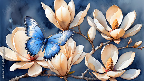 magnolia flowers in delicate cream tones in the dew and blue butterfly
