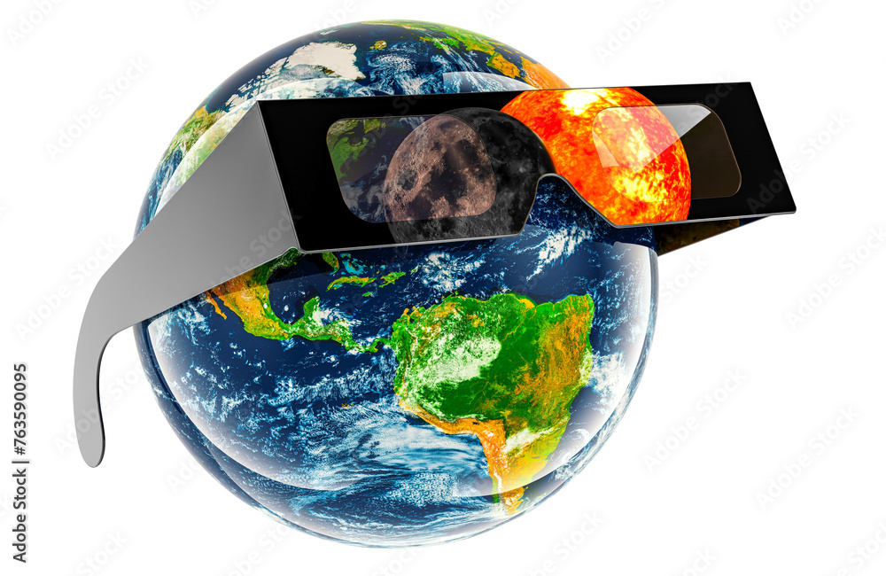 Solar Eclipse, concept. Earth Globe with solar eclipse glasses. 3D rendering isolated on transparent background - obrazy, fototapety, plakaty 