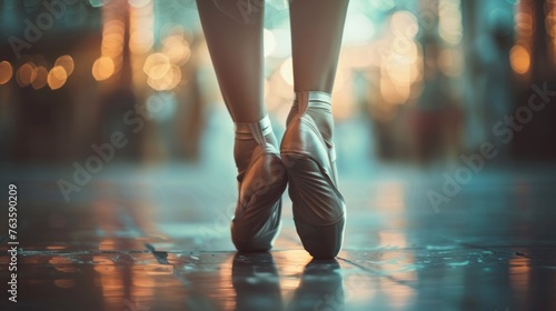 Close up beautiful legs of dancer in pointe on the floor blur background. AI generated image photo