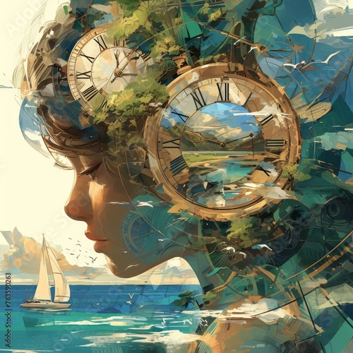 An artistic collage featuring elements like the ocean, clocks and various shapes symbolizing time in a creative design style. 