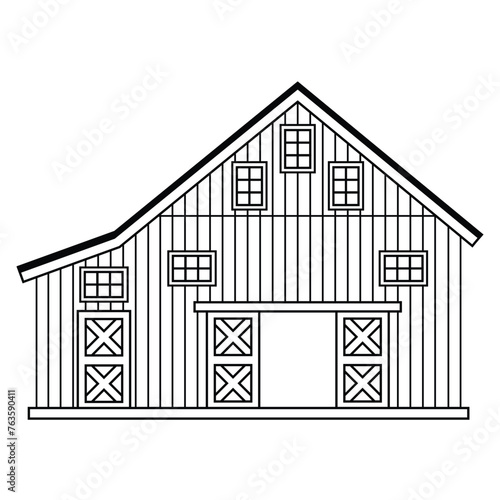 Black white outline wooden open doors house barn. Vector line isolated illustration for coloring book