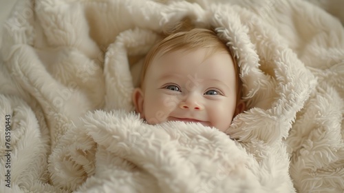 Portrait a cute smiling baby wrapped in a soft furry white blanket or towel. AI generated image