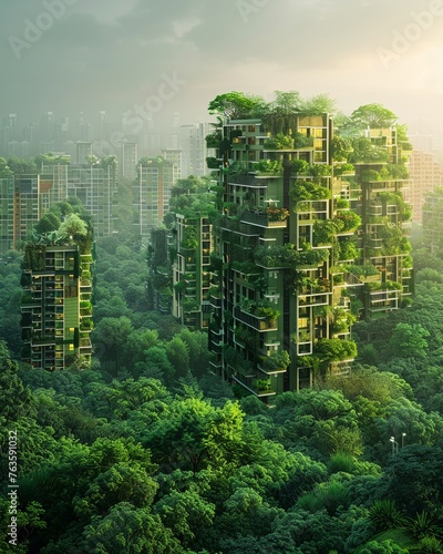 Capture the essence of urban transformation towards sustainability Show a city evolving into a green space with modern eco-friendly designs and lush greenery, symbolizing progress and environmental co photo