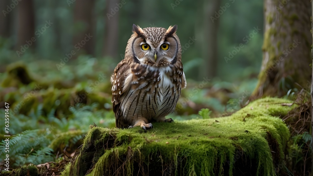 A curious owl perched on a moss-covered tree stump, its piercing eyes focused on its surroundings. A curious owl perched on a moss-covered tree stump, its piercing eyes focused on its surroundings.