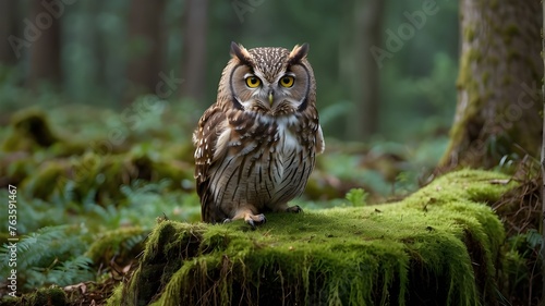 A curious owl perched on a moss-covered tree stump, its piercing eyes focused on its surroundings.