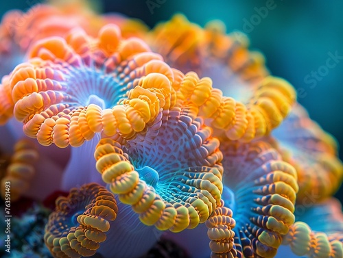 Create a striking close-up image capturing the intricate details of a coral reef, symbolizing efforts in conserving marine ecosystems Use vibrant colors to convey the beauty and fragility of marine li