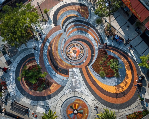 Highlight the visual impact of public art installations from above, emphasizing their ability to create focal points within communities Showcase how these installations bring people together, spark co