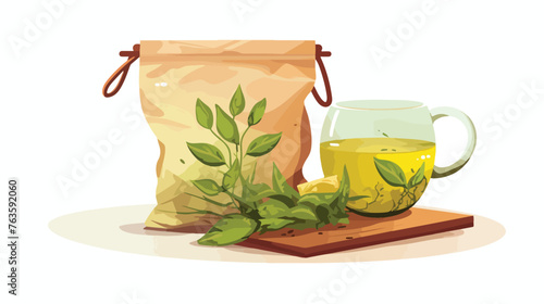 Fototapeta Naklejka Na Ścianę i Meble -  Cup and bag with green tea. Illustration of tradition