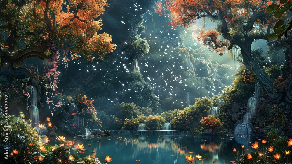 Illustrate an enchanting landscape from above, delving into the depths of surreal dreams Embrace the challenge of combining whimsical elements with a touch of mystery to create a truly mesmerizing ima