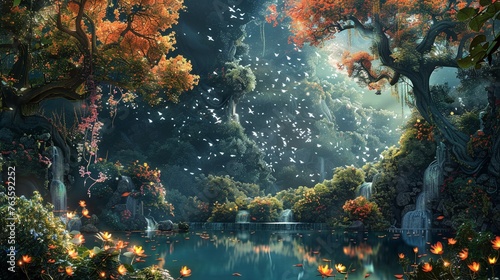 Illustrate an enchanting landscape from above, delving into the depths of surreal dreams Embrace the challenge of combining whimsical elements with a touch of mystery to create a truly mesmerizing ima photo