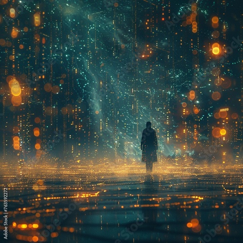 Illustrate the confrontation of ethical choices in AI through a captivating image of a human figure standing amidst a sea of data streams manipulated by AI algorithms The juxtaposition conveys the pow