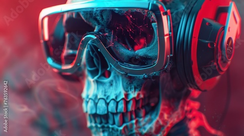 3D illustration of scary cyberpunk skull wearing futuristic virtual reality glasses. AI generated