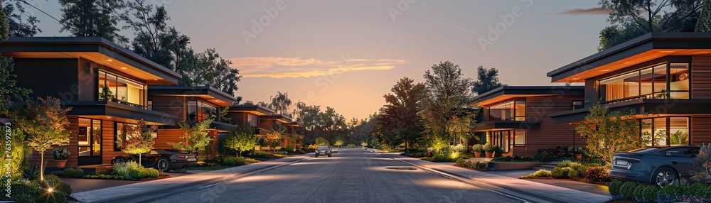 Visualize a serene suburban neighborhood at dusk, showcasing how nanotechnology has revolutionized energy efficiency and sustainability through solar-powered homes and eco-friendly smart gadgets