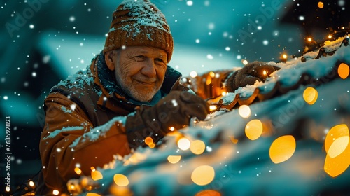 Elderly Man Decorating with Christmas Lights in Snowfall. Generative ai