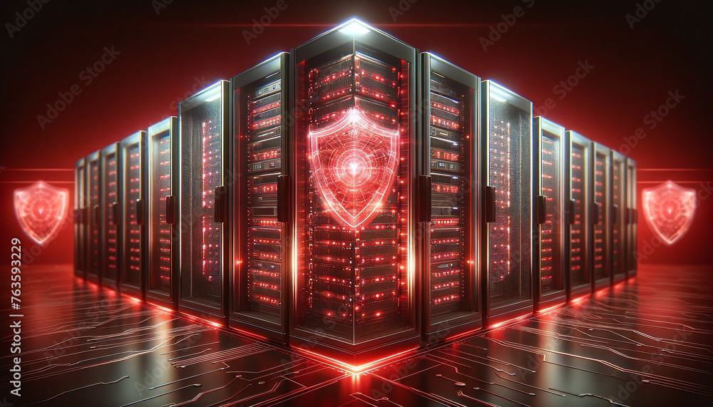 Advanced server racks under a semi-transparent red holographic shield ...