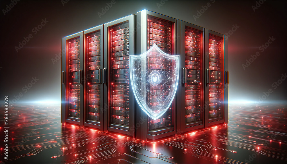 Advanced server racks under a semi-transparent red holographic shield ...