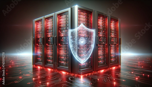 Advanced server racks under a semi-transparent red holographic shield symbolizing cybersecurity. photo