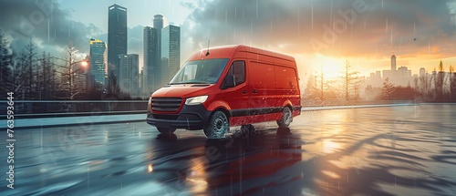 Red modern delivery small shipment cargo courier van moving fast on motorway road to city photo