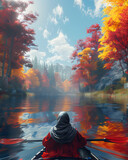 A person in a red jacket paddles a canoe on the river