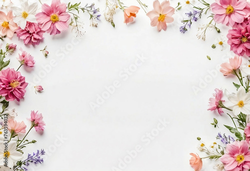 Floral frame border on white background, summer spring flowers, advertising banner © Helga
