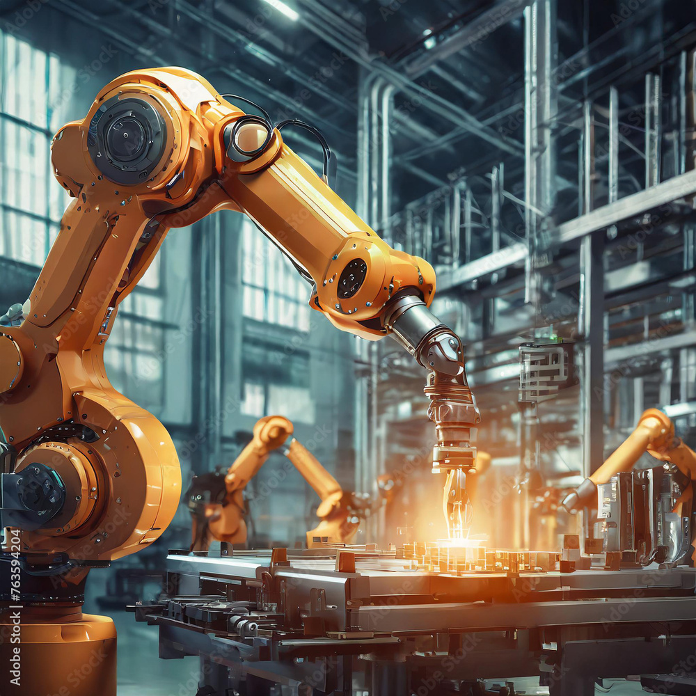 Automated AI industry robot and robotic arms assembly in factory production. Concept of artificial intelligence for industrial revolution and automation manufacturing process
