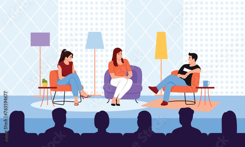 Vector illustration of a talk show. Cartoon scene of the presenter and girls sitting in chairs and discussing various topics in a studio with lamps,tables,a cup, a vase in the hall with the audience.