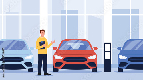 Vector illustration of car showroom. Cartoon scene of smiling male car dealer with paper tablet presenting and selling various new blue and red cars in car dealerships. Professional car salesman.