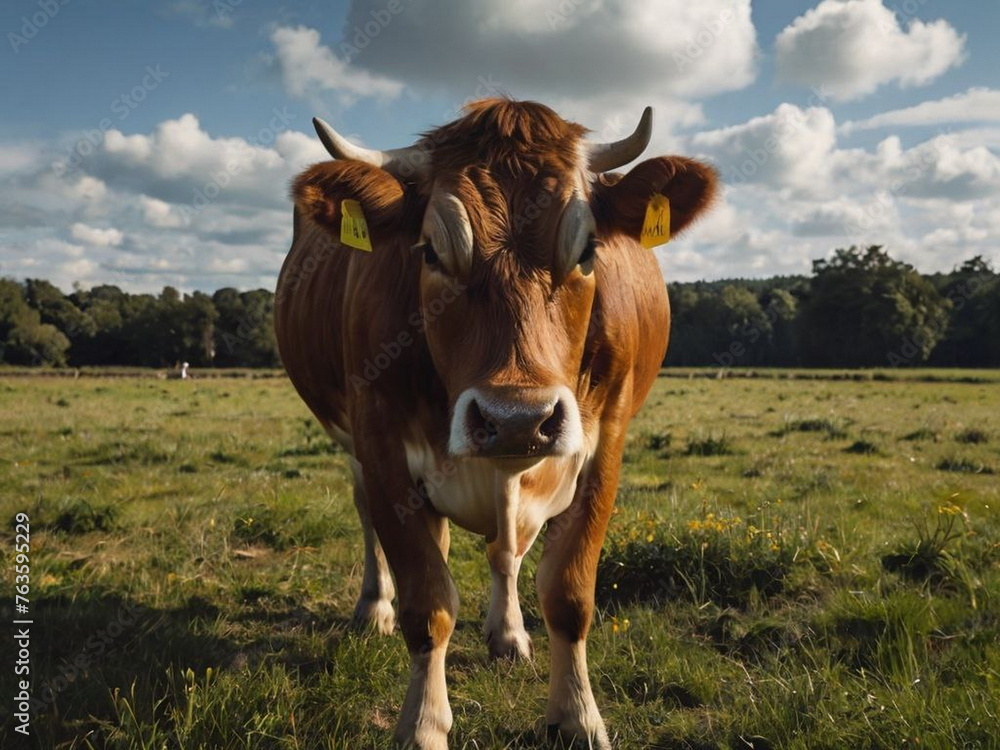 An adult large cow is white and brown in color. Cattle. Animals on the farm. Rural fauna. Mammals. An adult large cow is white and brown in color. Cattle. Animals on the farm. Rural fauna. Mammals.