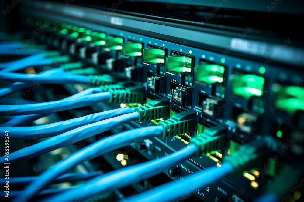 Detailed Image of a Patch Panel Port with Numerous Network Cables and Blinking Lights in a Server Room