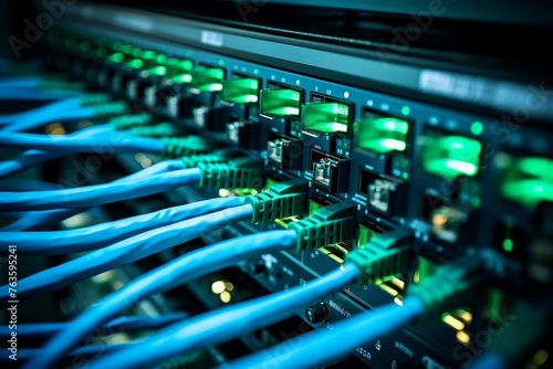 Detailed Image of a Patch Panel Port with Numerous Network Cables and Blinking Lights in a Server Room