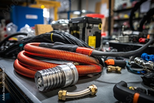 Intricate View of a Coiled Pneumatic Hose Amidst Various Tools in an Industrial Workshop Setting © aicandy