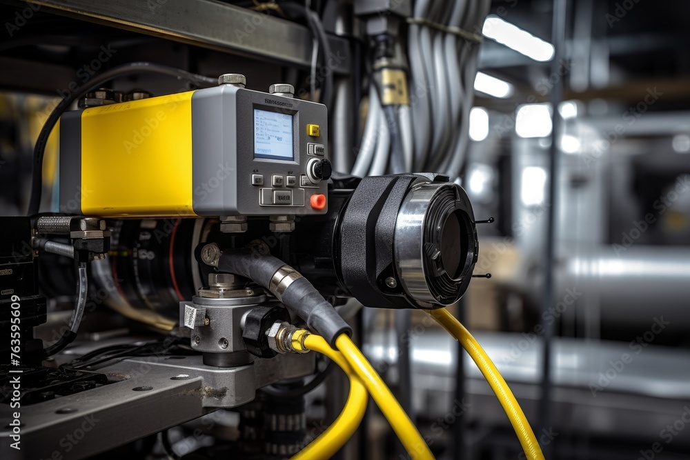 High-tech industrial sensor at work in a large-scale factory setting to ensure optimal production High-tech industrial sensor at work in a large-scale factory setting to ensure optimal production