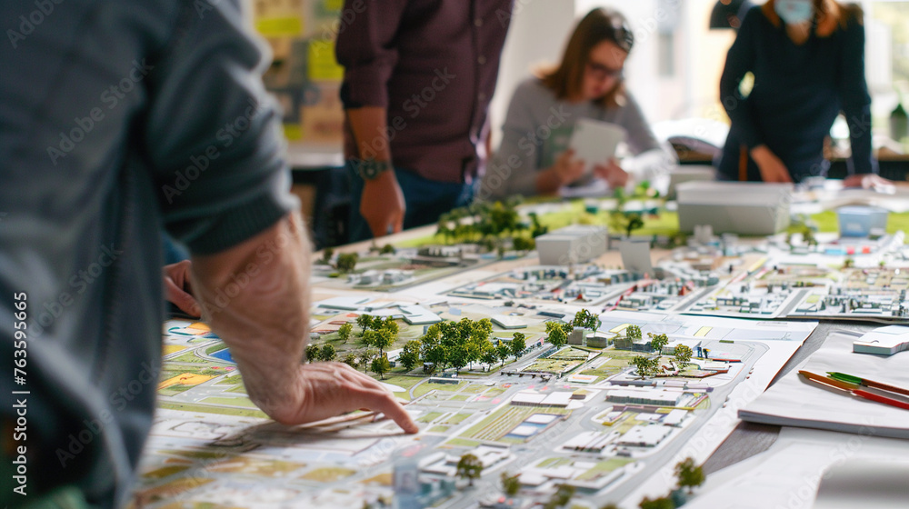 Fototapeta premium Close-up of eco-architects collaborating over a large drafting table