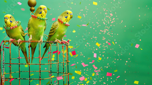 Parakeets with festive collars, perched inside a decorated cage