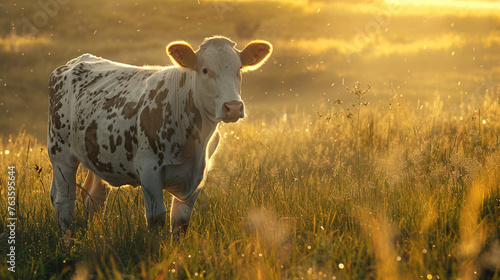 Cow in pasture, golden hour illumination, pastoral clarity, relaxed posture