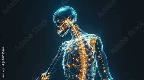 Luminous skeletal system  highlighted bones  joint articulation  bone density  glowing spine  anatomy education