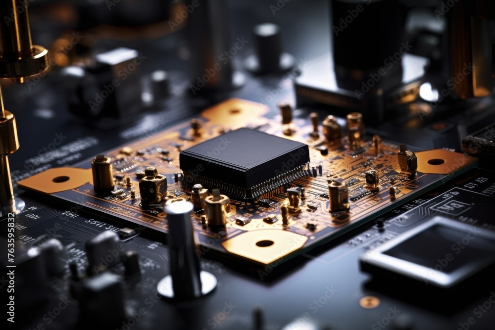 Semiconductor diode in focus with a richly detailed backdrop of electronic circuitry and industrial machinery Semiconductor diode in focus with a richly detailed backdrop of electronic circuitry and industrial machinery
