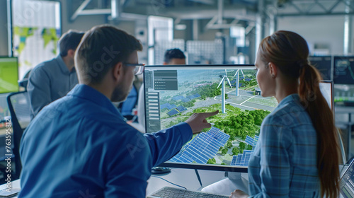 Team of engineers and architects brainstorming the integration of renewable energy into new building projects