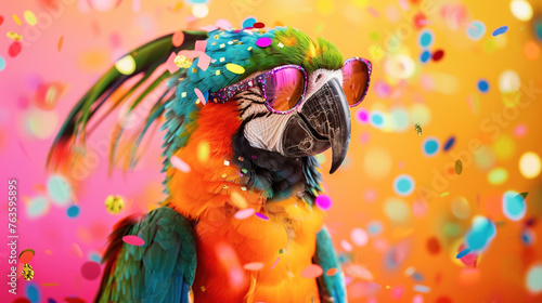 Flamboyant parrot with sunglasses, tropical hat, vivid colored background