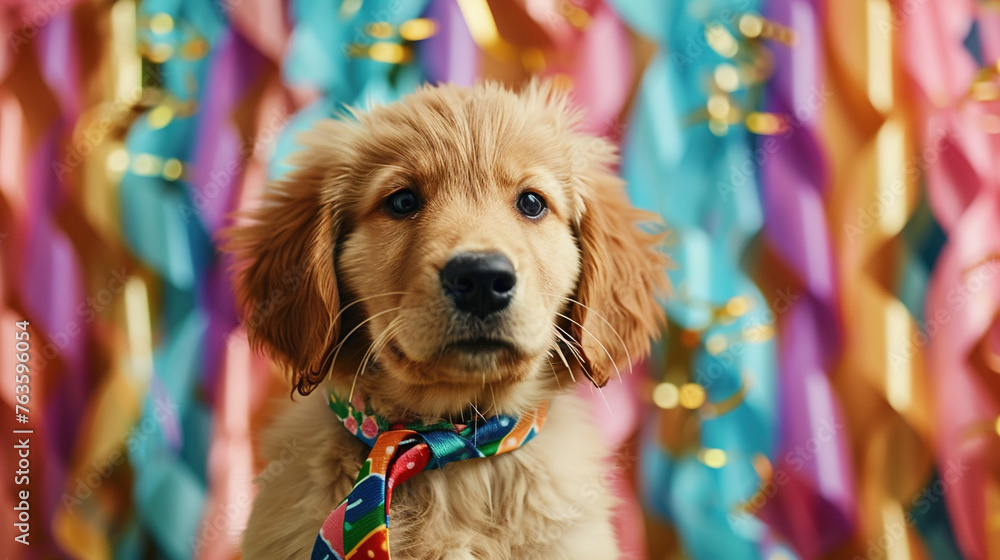 Golden retriever puppy with a colorful necktie, in front of a backdrop of multi-colored streamers