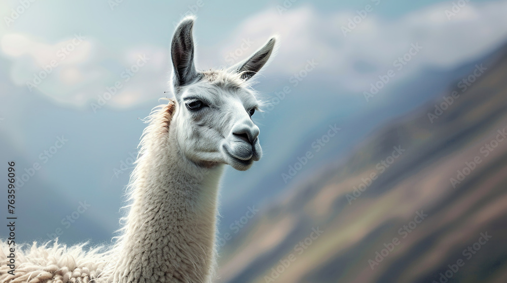 Obraz premium Lama portrait, Andean backdrop, detailed fiber texture, natural
