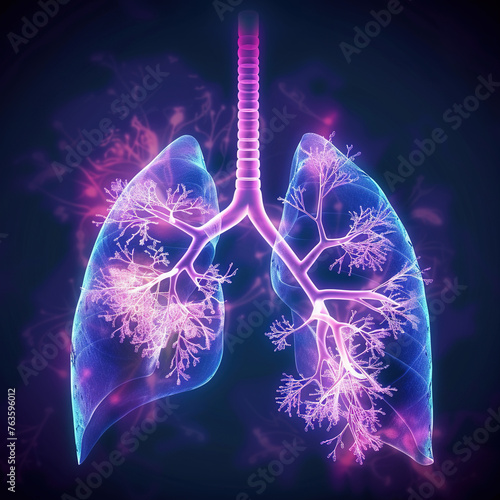 Respiratory radiance, bronchial tree glow, lung visualization, oxygen exchange, detailed alveoli photo