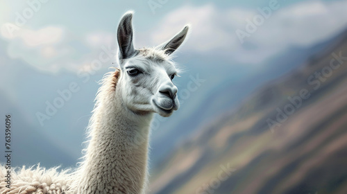 Lama portrait  Andean backdrop  detailed fiber texture  natural