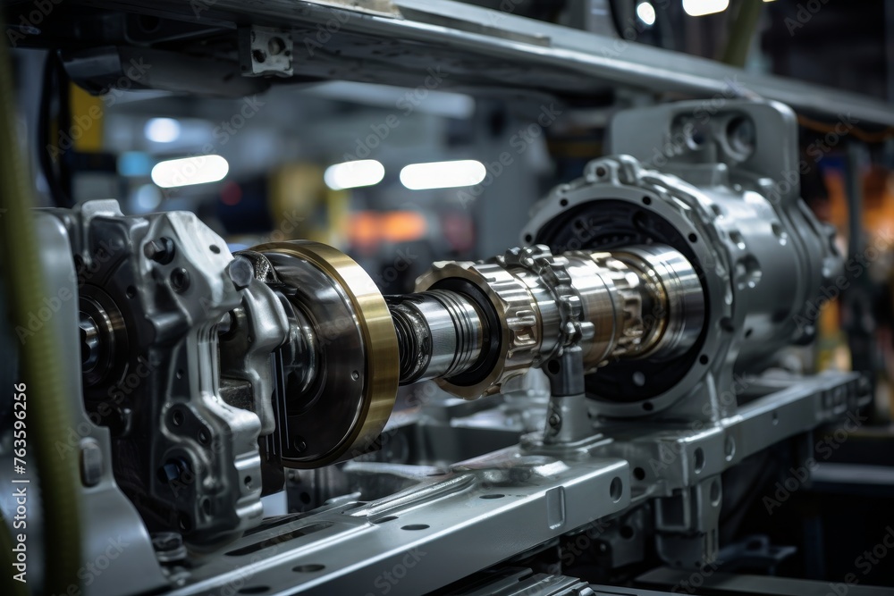 A brand-new steering rack stands out against the intricate industrial background in an automotive factory A brand-new steering rack stands out against the intricate industrial background in an automotive factory
