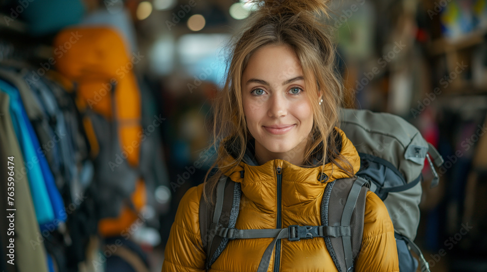 Young woman in outdoor equipment store. shopping