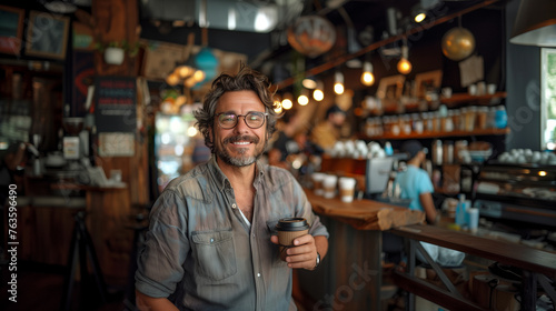 portrait of a happy hispanic white man drinking coffee, holding a paper cup in a coffee shop 