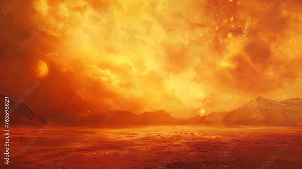 The surface of the planet is orange, and there's an epic firestorm in front. In the distance behind them were mountains made up of yellowish sand dunes. - obrazy, fototapety, plakaty 