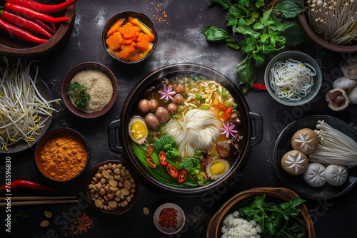 topdown view of an Asian hot pot, filled with various ingredients like noodles and vegetables