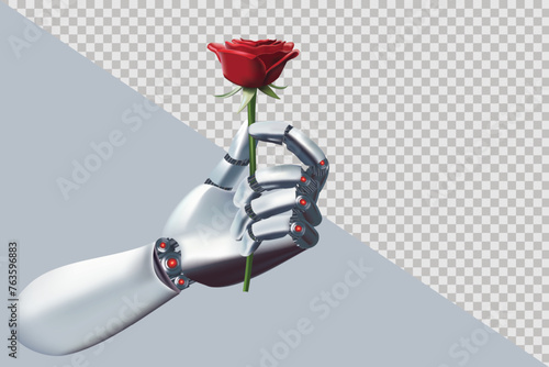 robot hand holding a rose flower in realistic vector